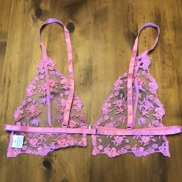 Sheer Lingerie Lace Pink Floral Embroidery Bra and Lace Tie Panty NEW - Picture 5 of 7